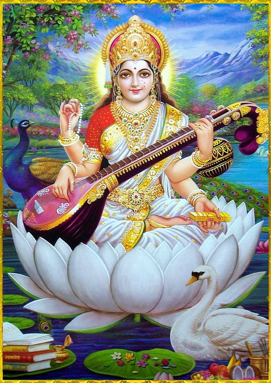 Goddess Saraswati Playing Veena on Lotus with Peacock and Swan HD phone wallpaper