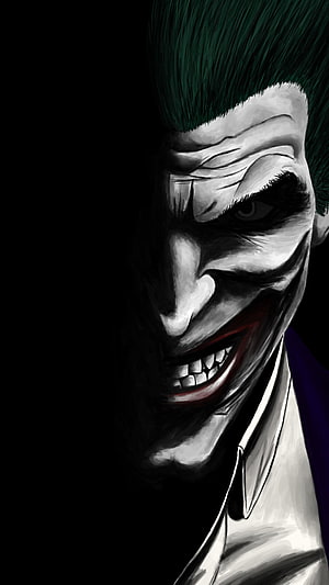 Joker Dark Portrait with Green Hair and Menacing Grin HD phone wallpaper