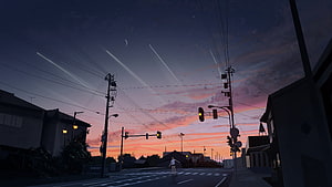 Anime Girl Walking Through Japanese Street at Sunset with Meteor Trails HD wallpaper