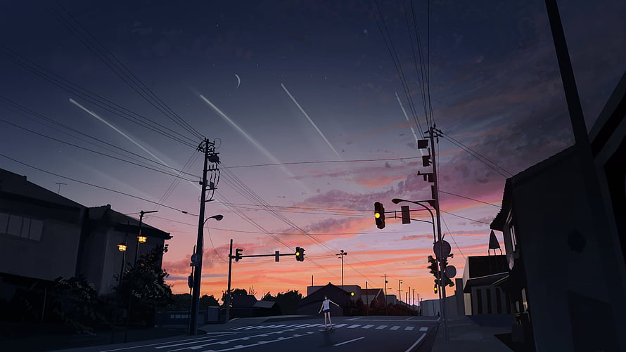 Anime Girl Walking Through Japanese Street at Sunset with Meteor Trails HD wallpaper