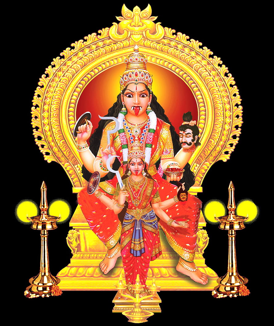 Mariamman Amman Hindu Deity Illustration with Ornate Golden Mandala and Oil Lamps HD phone wallpaper