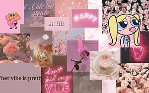 Pink Aesthetic Collage with Powerpuff Girls, SpongeBob, Roses, and Neon Text HD wallpaper