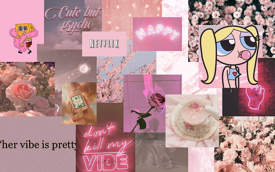 Pink Aesthetic Collage with Powerpuff Girls, SpongeBob, Roses, and Neon Text HD wallpaper