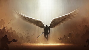 Winged Warrior Descending Into Battle Amidst Divine Light and Armored Armies HD wallpaper