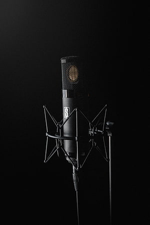 Professional Studio Condenser Microphone in Shock Mount Against Black Background HD phone wallpaper