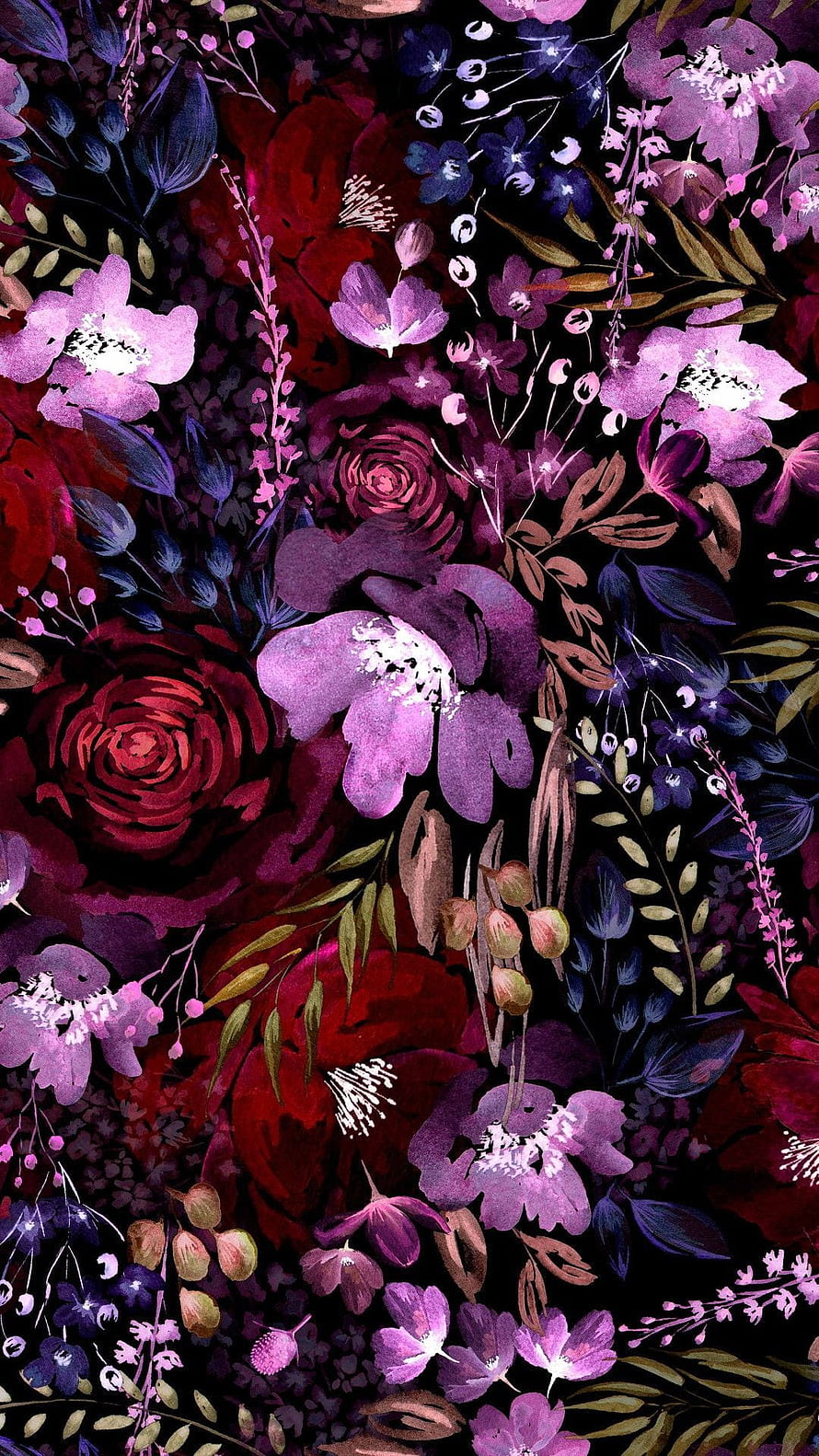 Dark Vintage Floral Pattern with Deep Purple and Crimson Roses on Black Background HD phone wallpaper