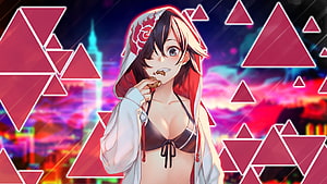 Anime girl in red hooded bikini eating a cookie against a neon geometric cityscape HD wallpaper