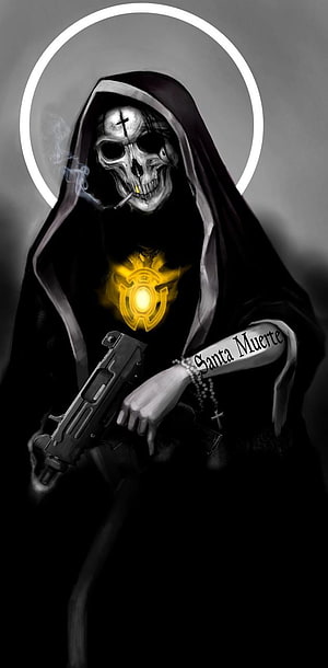 Santa Muerte Skeletal Figure in Black Hooded Robe with Glowing Emblem and Pistol HD phone wallpaper