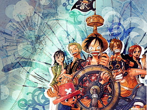 One Piece Straw Hat Pirates at the Ship's Wheel with Jolly Roger Flag HD wallpaper