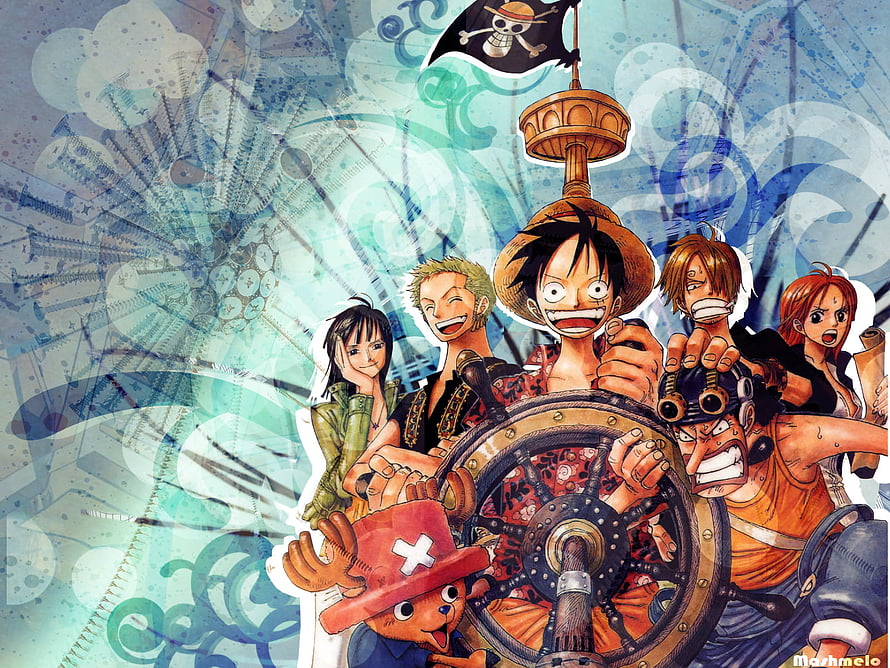 One Piece Straw Hat Pirates at the Ship's Wheel with Jolly Roger Flag HD wallpaper