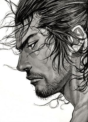 Vagabond Manga Character Profile Sketch with Windblown Hair and Intense Gaze HD phone wallpaper