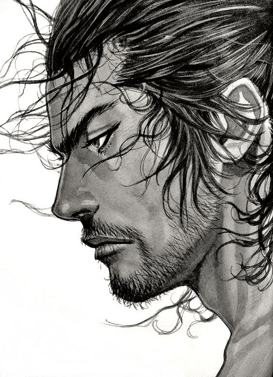 Vagabond Manga Character Profile Sketch with Windblown Hair and Intense Gaze HD phone wallpaper