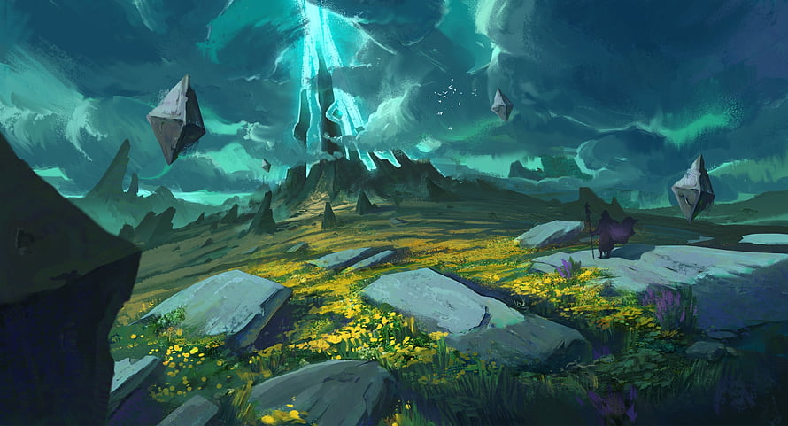 Mystical Fantasy Landscape with Floating Rocks and Ethereal Light Beams HD wallpaper