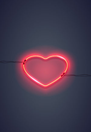Glowing Red Neon Heart Sign Against Dark Blue Wall With Visible Wires HD phone wallpaper