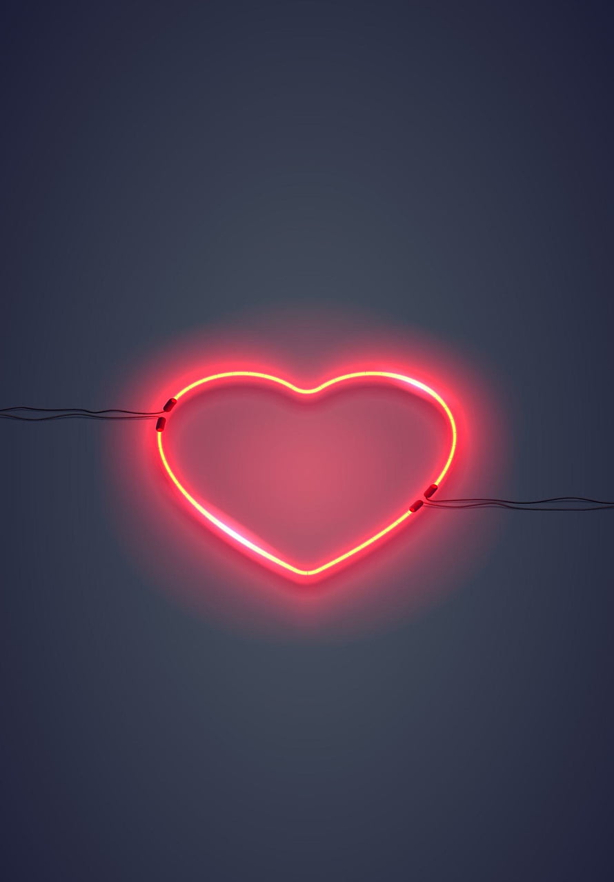 Glowing Red Neon Heart Sign Against Dark Blue Wall With Visible Wires HD phone wallpaper