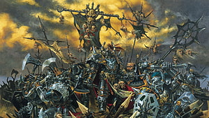 Warhammer Fantasy Battle Scene Featuring Armored Warriors and Skull Banners HD wallpaper