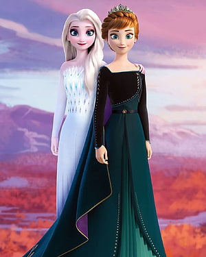 Elsa and Anna in Coronation Gowns Against a Sunset Mountain Landscape HD phone wallpaper
