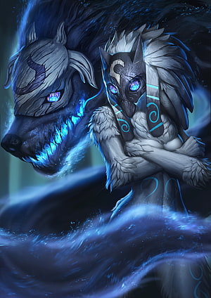 League of Legends Kindred Spirit Wolf and Hunter in Ethereal Blue Mist HD phone wallpaper