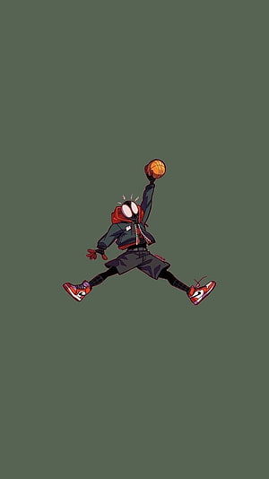 Miles Morales in Jordan Sneakers Performing a Dynamic Basketball Dunk HD phone wallpaper