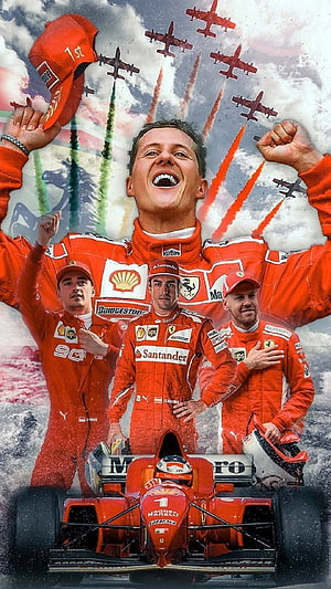Ferrari F1 Team Legacy: Schumacher, Alonso, Vettel, and Leclerc in Iconic Racing Suits HD phone wallpaper