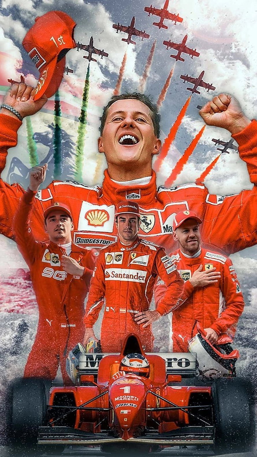 Ferrari F1 Team Legacy: Schumacher, Alonso, Vettel, and Leclerc in Iconic Racing Suits HD phone wallpaper