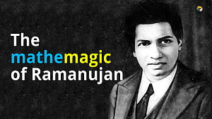 Portrait of Srinivasa Ramanujan with Mathemagic Text Overlay HD wallpaper