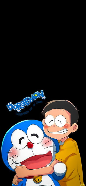 Doraemon and Nobita Hugging in a Warm Cartoon Illustration HD phone wallpaper
