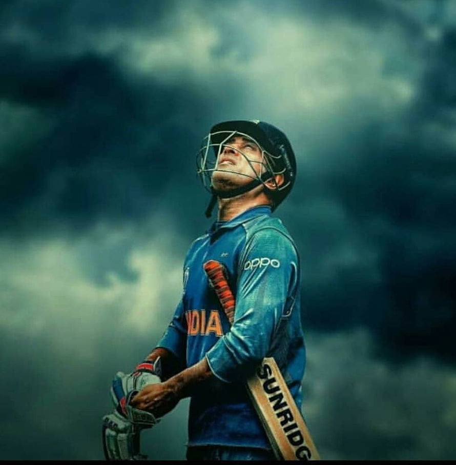MS Dhoni in India Cricket Jersey Holding Bat Under Dramatic Stormy Sky HD phone wallpaper