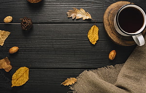 Autumn Coffee Flat Lay with Dried Leaves and Almonds on Dark Wood HD wallpaper