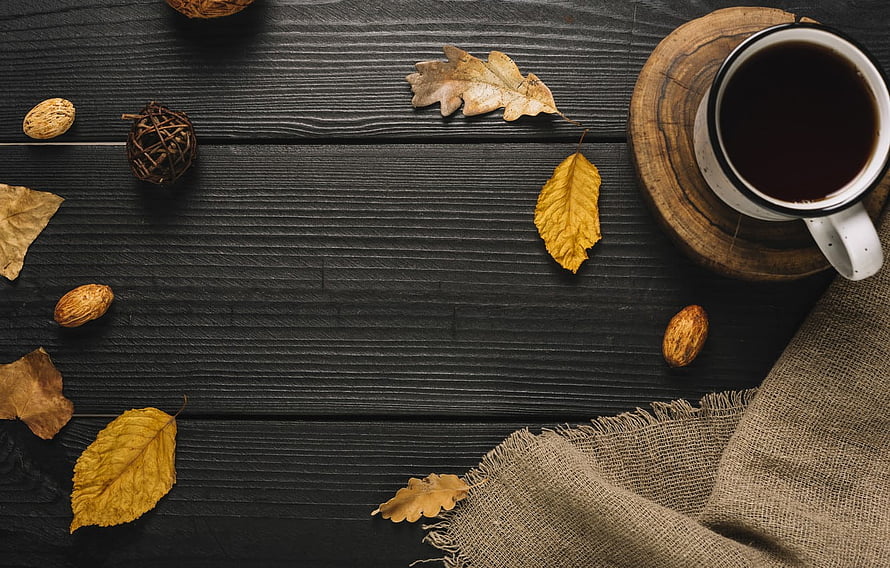 Autumn Coffee Flat Lay with Dried Leaves and Almonds on Dark Wood HD wallpaper