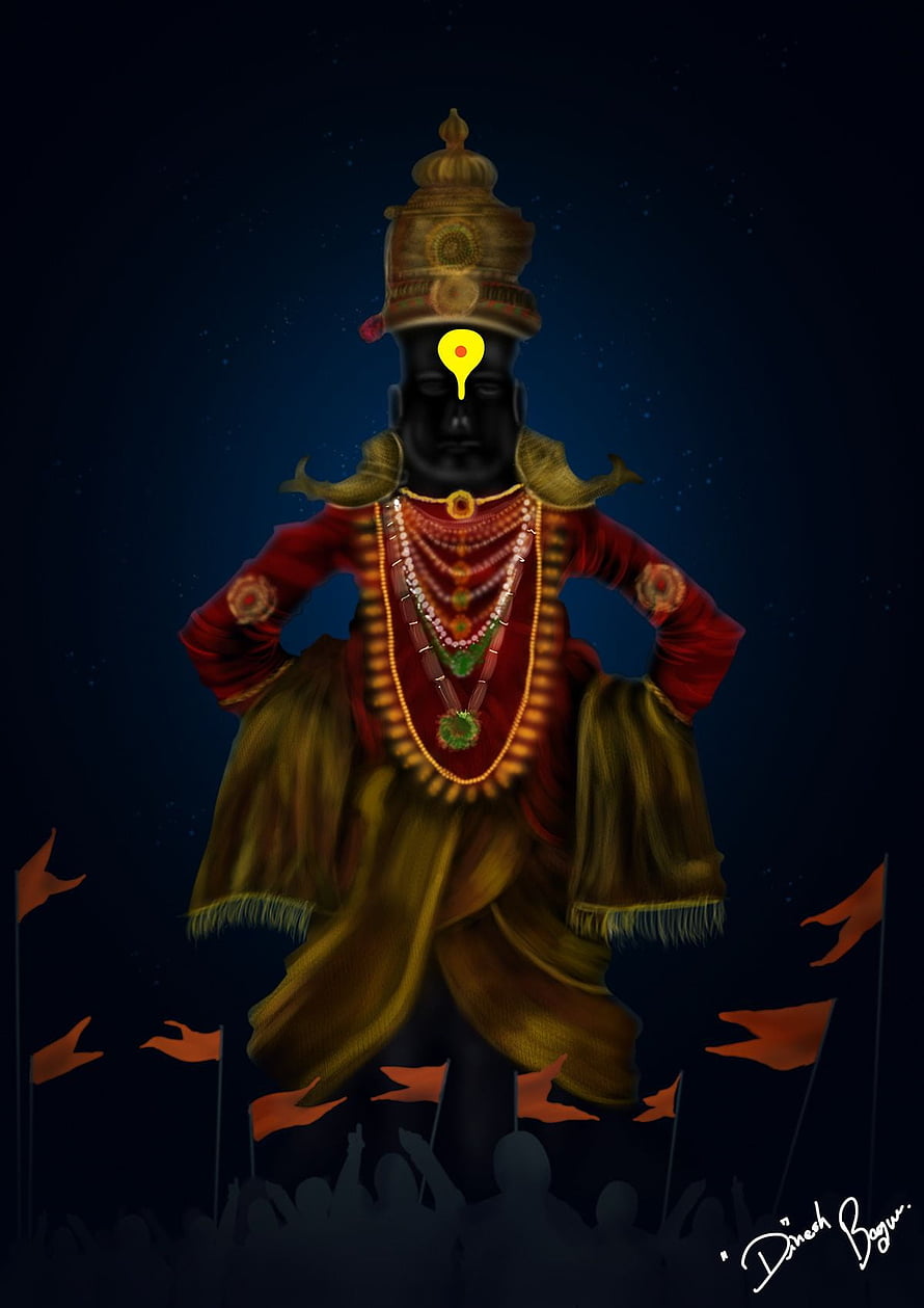 Vithu Mauli Digital Painting of Pandurang with Devotees and Orange Flags HD phone wallpaper