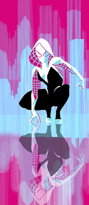 Spider-Gwen Crouching Pose with Webbed Suit and Neon Pink Cityscape Reflection HD phone wallpaper