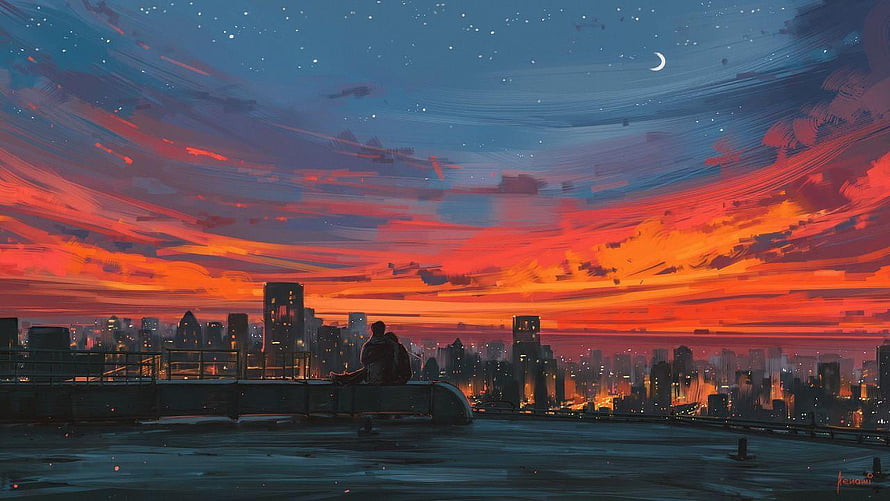 Couple Silhouette on Rooftop Watching Vibrant Sunset Over City Skyline HD wallpaper