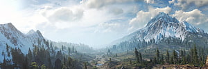 The Witcher 3 Snow-Capped Mountain Valley with Pine Forest and Misty Sky HD wallpaper
