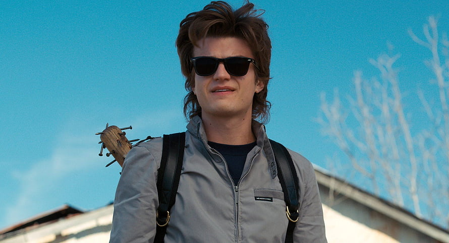 Steve Harrington from Stranger Things in sunglasses with a spiked baseball bat over his shoulder HD wallpaper