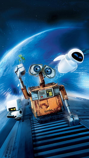 WALL-E and EVE holding a plant on a spaceship with Earth in the background HD phone wallpaper