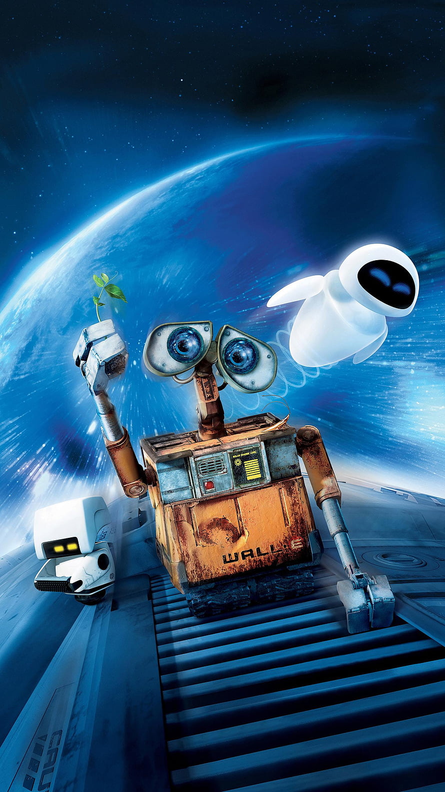 WALL-E and EVE holding a plant on a spaceship with Earth in the background HD phone wallpaper
