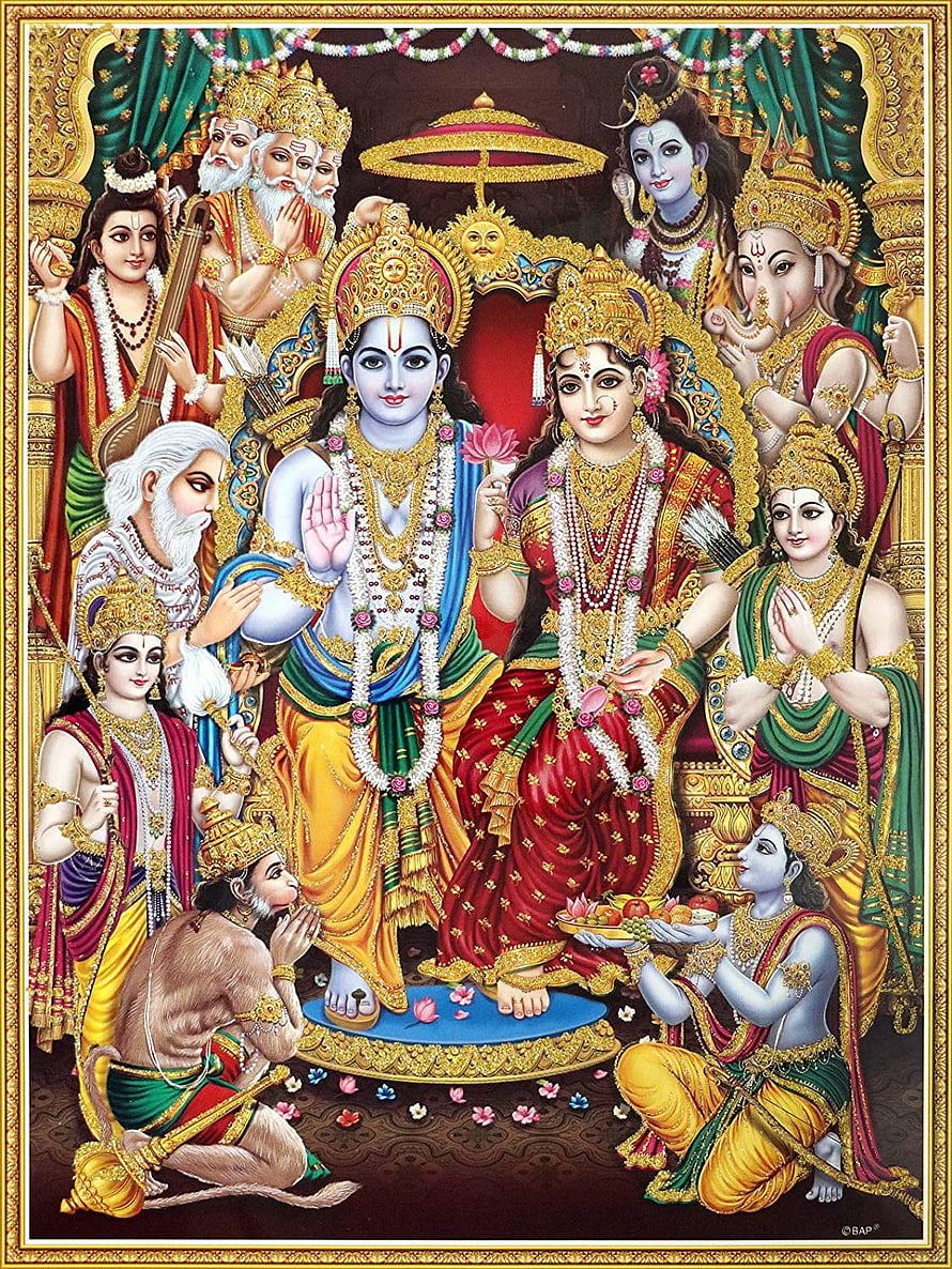 Lord Ram Darbar with Sita and Divine Court in Traditional Indian Temple Art HD phone wallpaper