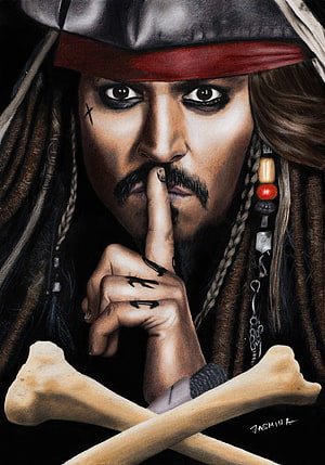 Captain Jack Sparrow Shushing Gesture with Crossed Bones and Pirate Hat HD phone wallpaper
