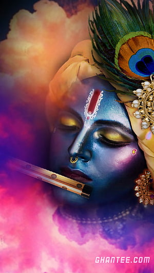 Lord Krishna with Flute and Peacock Feather in Vibrant Ethereal Art HD phone wallpaper