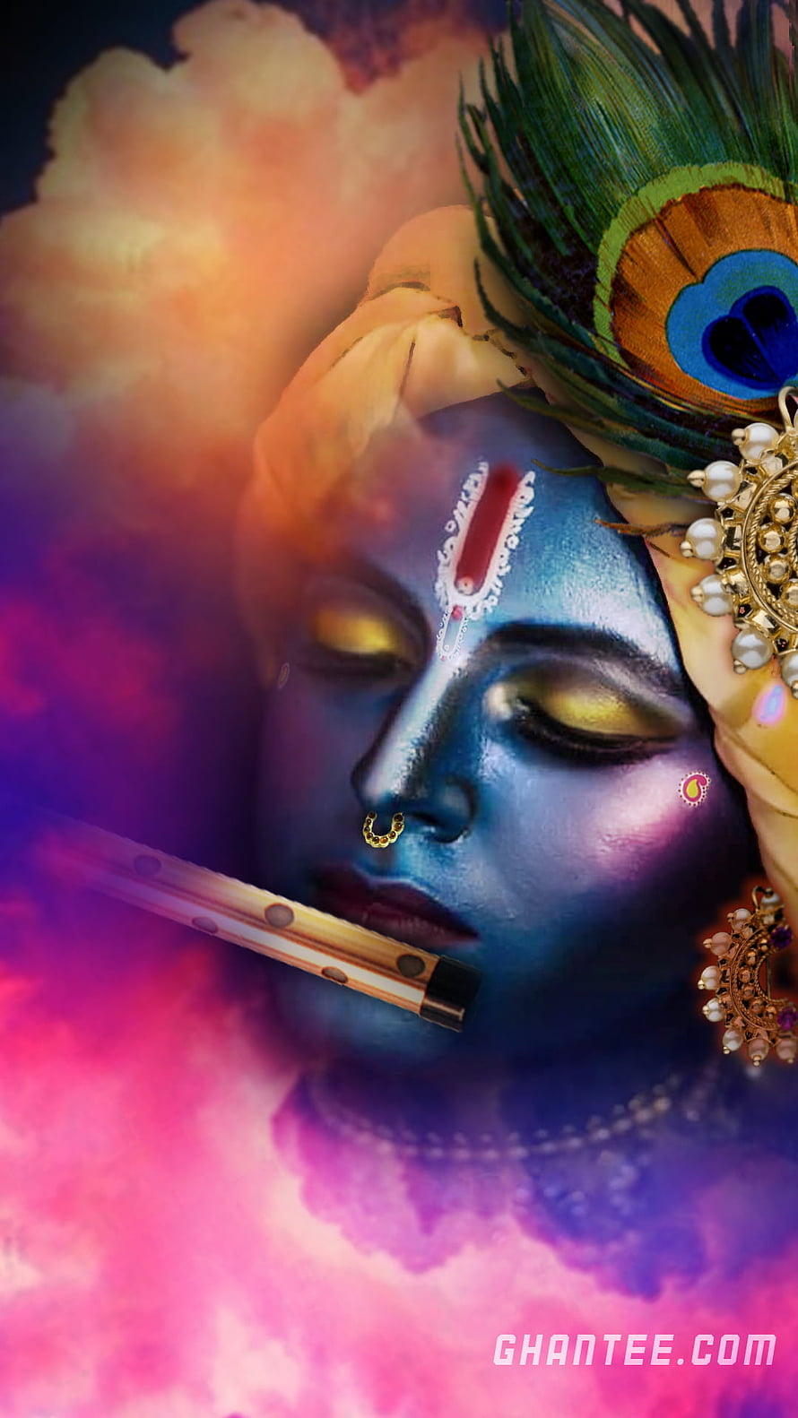 Lord Krishna with Flute and Peacock Feather in Vibrant Ethereal Art HD phone wallpaper