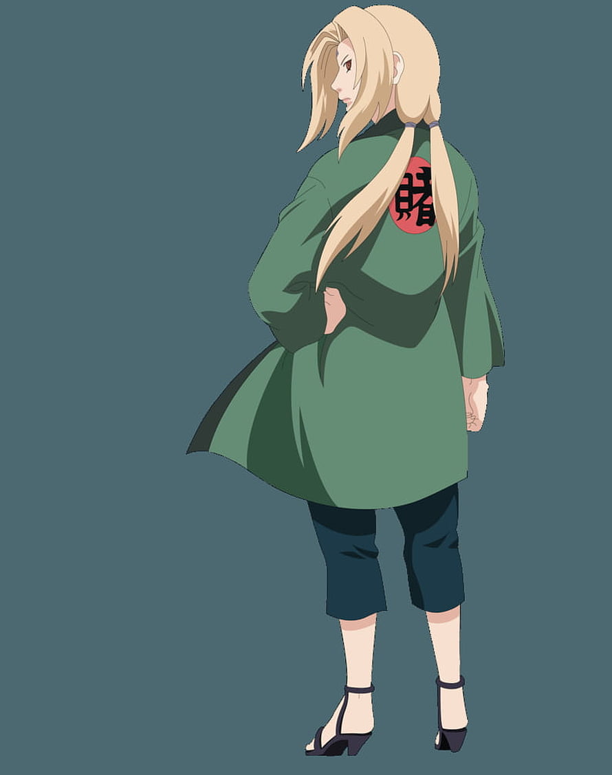 Tsunade Anime Character in Green Coat with Red Crest and Blonde Braids HD phone wallpaper