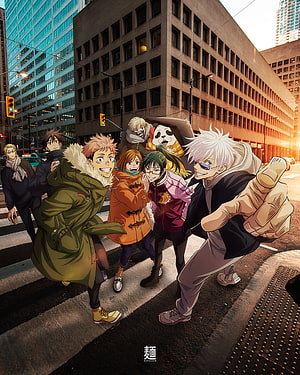 Jujutsu Kaisen cast crossing a city street in winter coats with Gojo pointing forward HD phone wallpaper