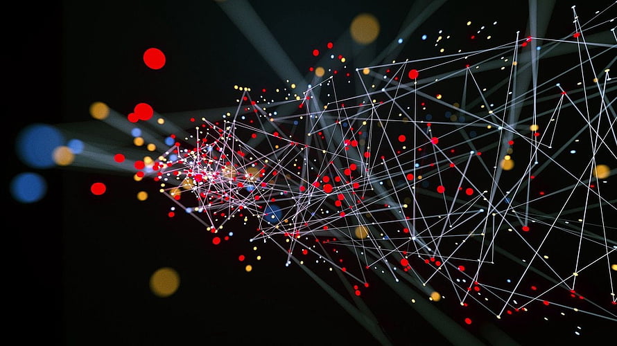 Abstract Neural Network Visualization with Glowing Nodes and Interconnected Lines on Dark Background HD wallpaper