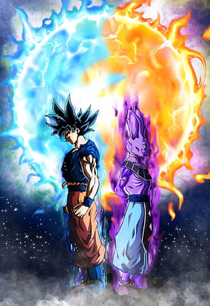Goku and Beerus Confrontation in Dragon Ball Super with Cosmic Energy Auras HD phone wallpaper
