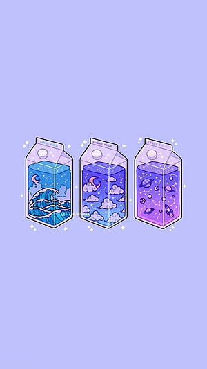 Cute Kawaii Milk Cartons with Wave, Night, and Space Themes on Lavender Background HD phone wallpaper