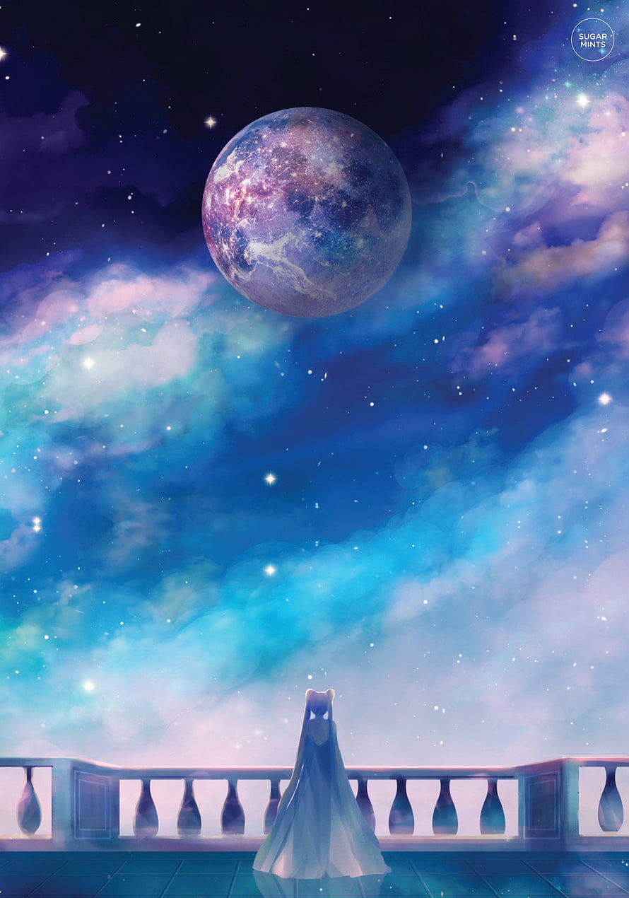 Sailor Moon Standing on Balcony Under a Giant Nebula Moon in a Dreamy Starry Sky HD phone wallpaper