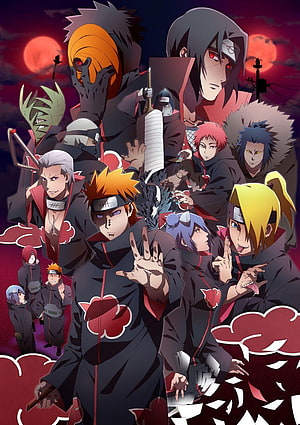 Naruto Akatsuki Members Group Portrait in Dark Clouds and Red Moonlight HD phone wallpaper