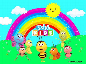 Bichi Kids Cartoon Insects Under Rainbow With Smiling Sun And Clouds HD wallpaper