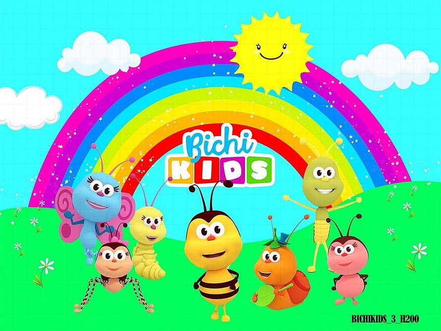 Bichi Kids Cartoon Insects Under Rainbow With Smiling Sun And Clouds HD wallpaper